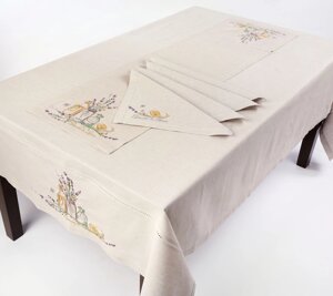 Вишита лляна скатертина на розкладний стіл "Лимон і лаванда" арт. 659-16/00 (2,4*1,4м)