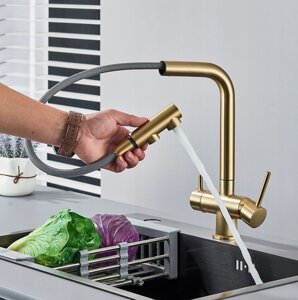 Змішувач для кухні MD з каналом фільтруваної води та витяжною лійкою (сатинове золото)