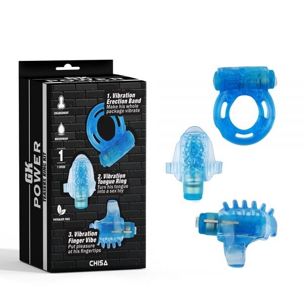 Блакитний набір вібронасадок з 3х предметів Teasers Ring Kit від компанії Elektromax - фото 1