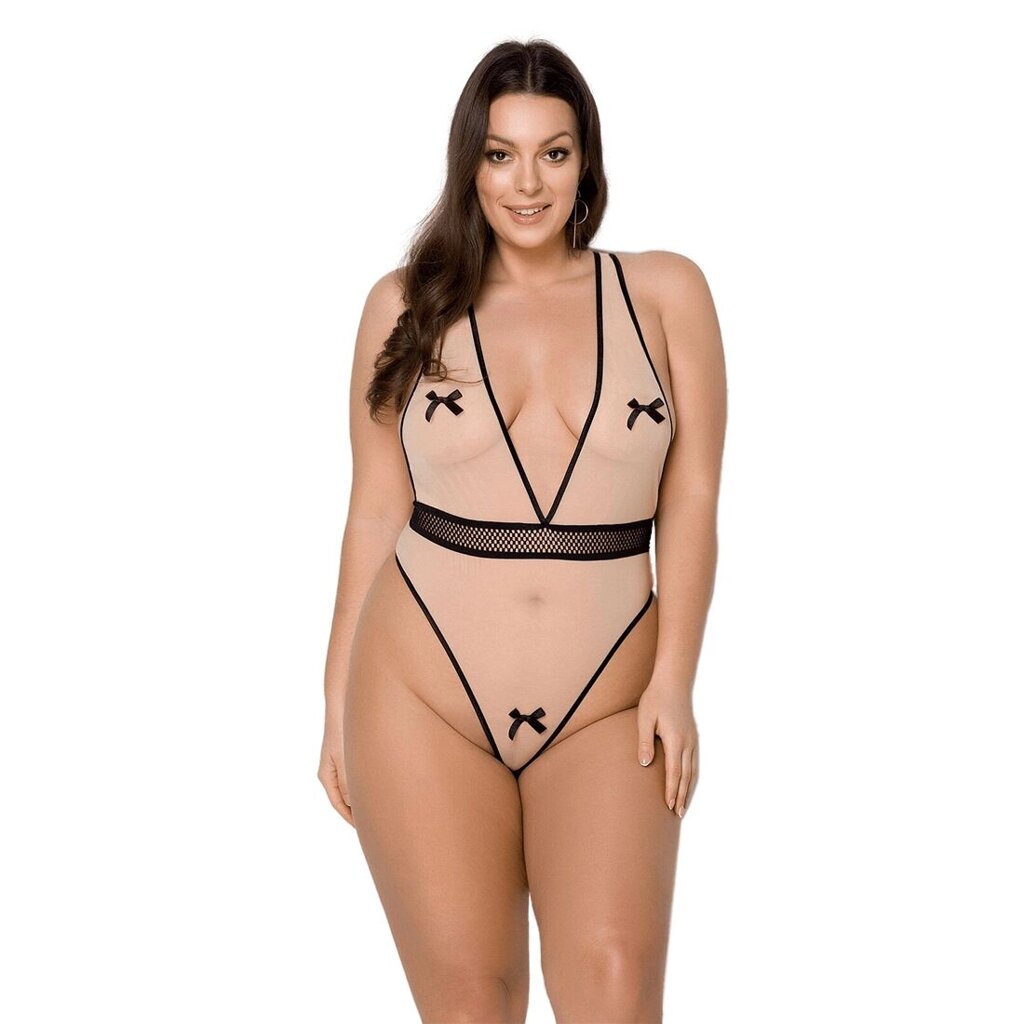 Боді Passion VIENA BODY 4XL/5XL, beige, контрастне, бантики, вставка-сітка, відкриті сідниці від компанії Elektromax - фото 1