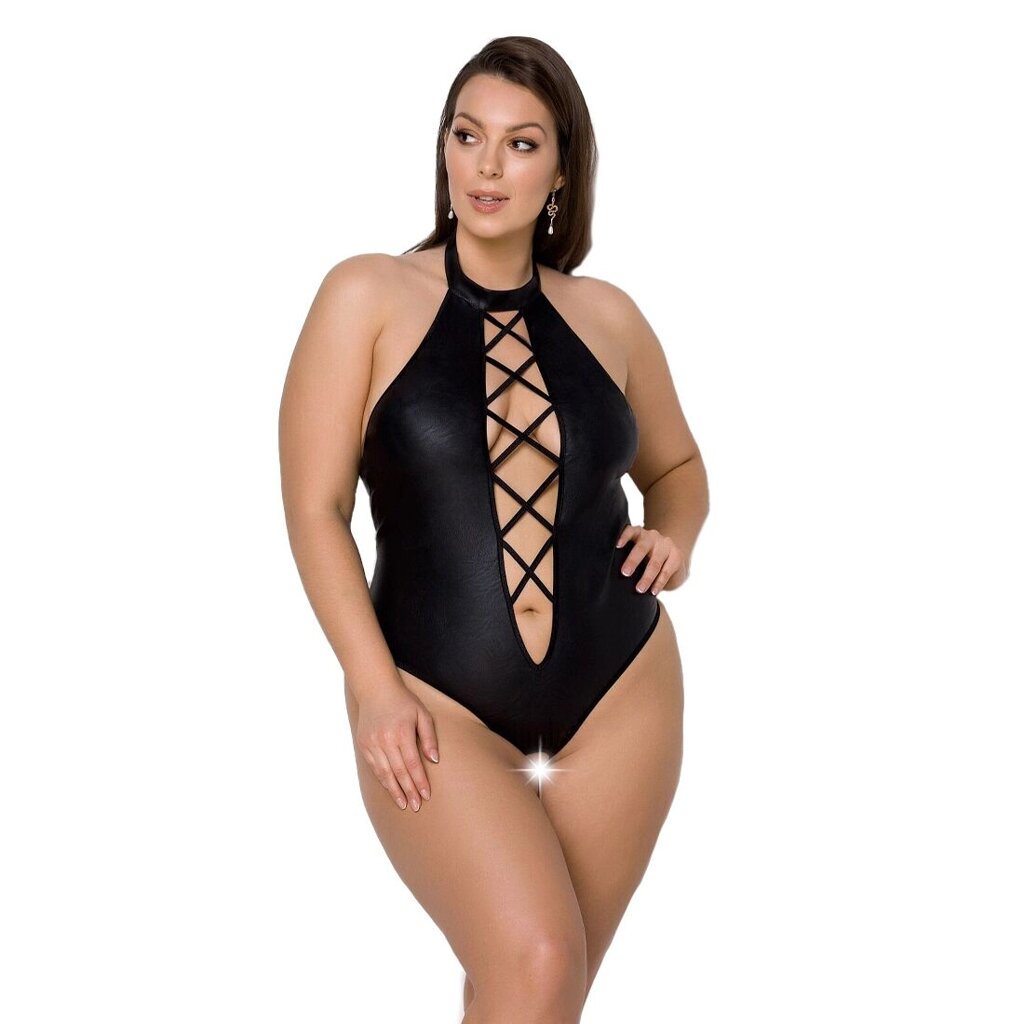 Боді з екошкіри Passion NANCY BODY 4XL/5XL black, з імітацією шнурівки та відкритим доступом від компанії Elektromax - фото 1