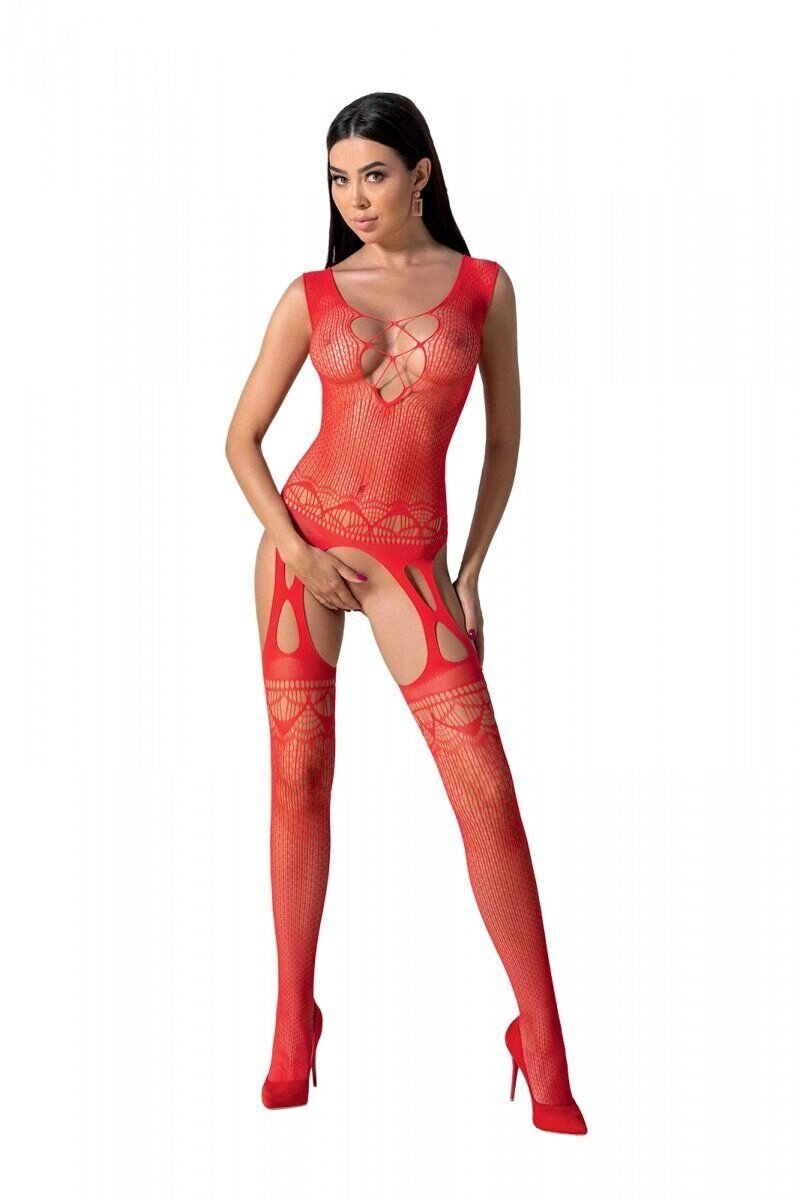 Бодістокінг з плетінням на грудях Passion BS099 One Size, red, відкритий доступ, імітація підв’язок від компанії Elektromax - фото 1