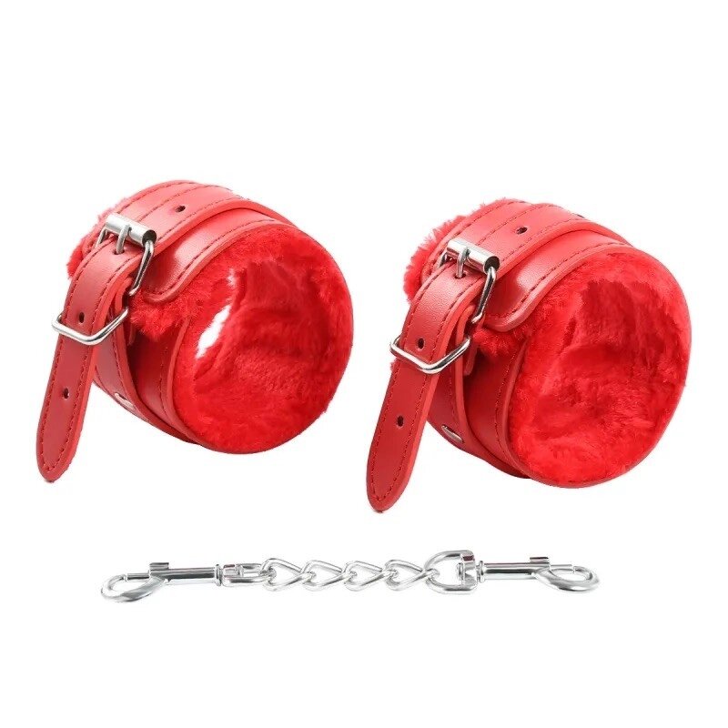 Червоні шкіряні бондажні наручники з хутром Premium Fur Lined Locking Restraints від компанії Elektromax - фото 1