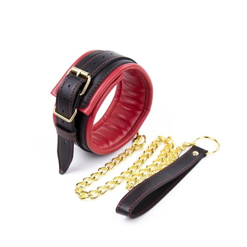 Червоний нашийник із золотистим повідцем Leather Neck Collar With Chain Leash від компанії Elektromax - фото 1
