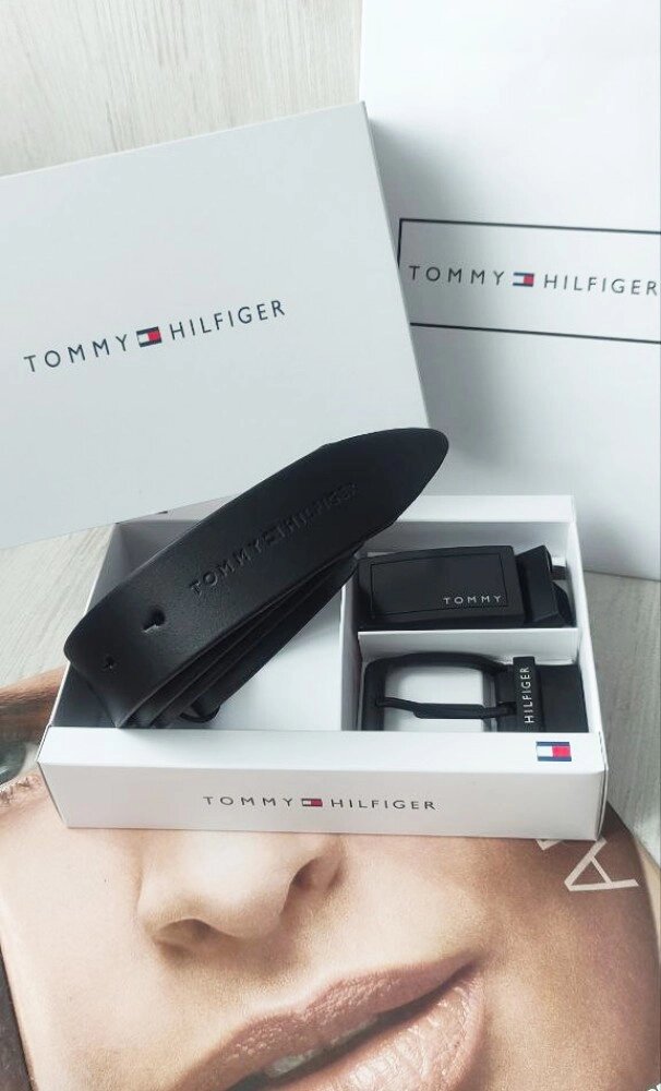 Чоловічий подарунковий набір ремінь дві пряжки TOMMY Hilfiger black від компанії Elektromax - фото 1