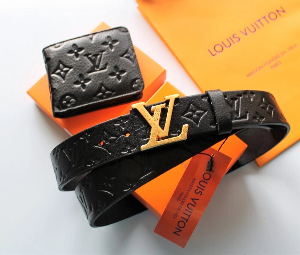 Чоловічий подарунковий набір - ремінь і гаманець з тисненням Louis Vuitton black від компанії Elektromax - фото 1