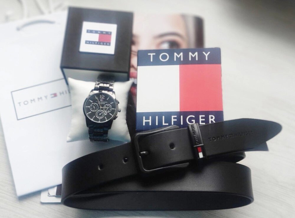 Чоловічий подарунковий набір Tommy Hilfiger годинник і шкіряний ремінь total black від компанії Elektromax - фото 1