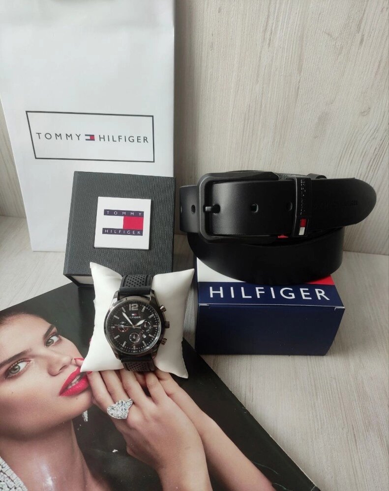 Чоловічий подарунковий набір Tommy Hilfiger: годинник каучук та шкіряний ремінь  black від компанії Elektromax - фото 1