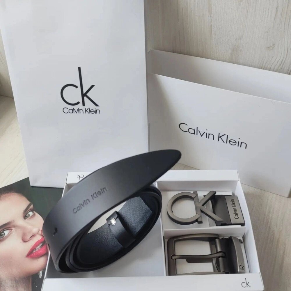 Чоловічий шкіряний набір Calvin Klein black, ремінь+дві пряжки від компанії Elektromax - фото 1