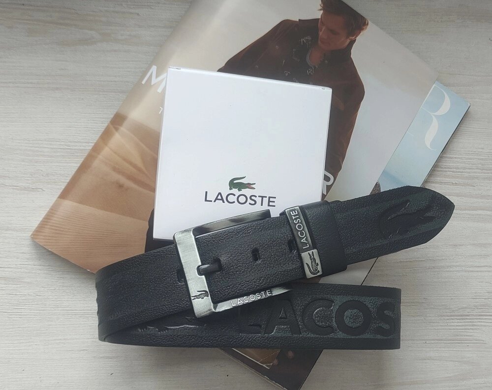 Чоловічий шкіряний ремінь для джинсів Lacoste чорно-сірий від компанії Elektromax - фото 1