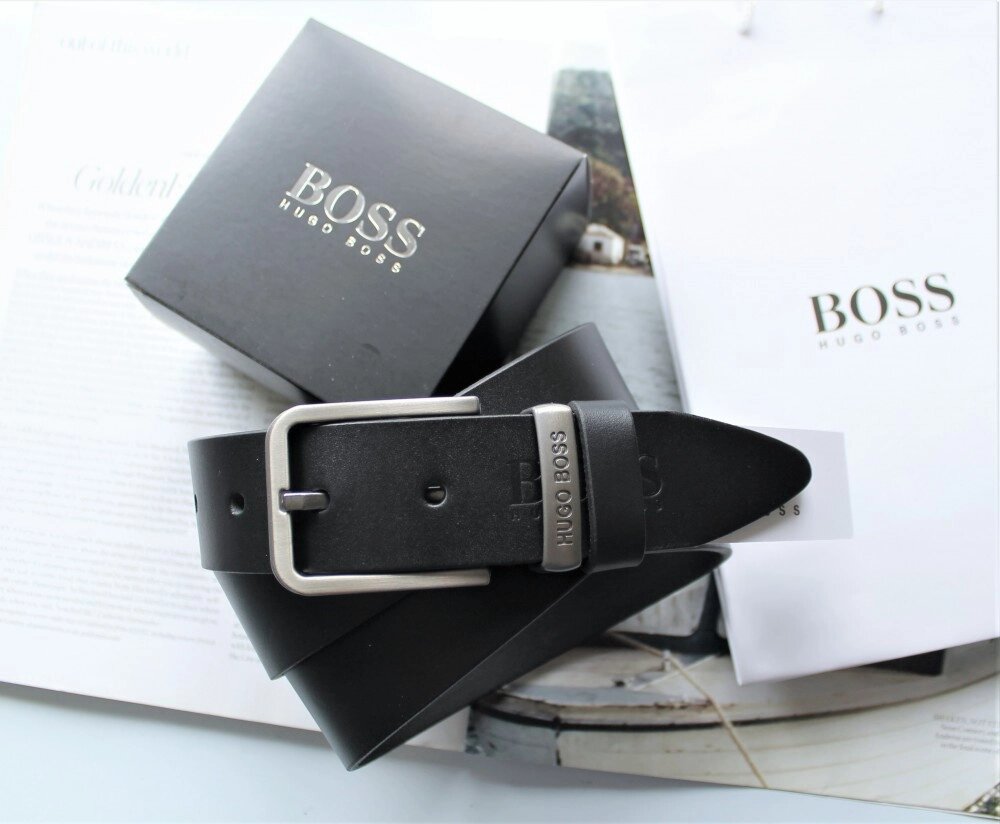 Чоловічий шкіряний ремінь Hugo Boss з коробкою і пакетом чорний від компанії Elektromax - фото 1