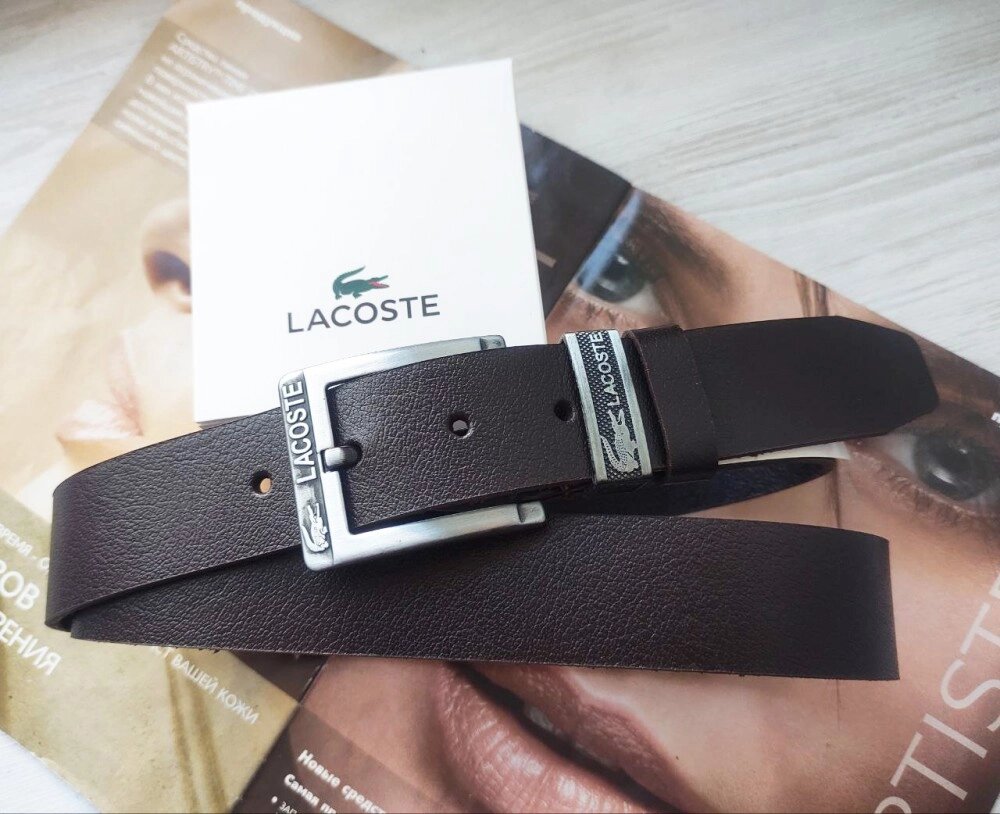 Чоловічий шкіряний ремінь Lacoste темно коричневий від компанії Elektromax - фото 1