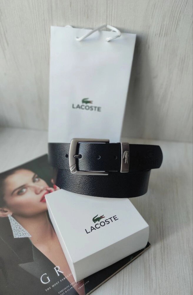 Чоловічий стильний шкіряний ремінь Lacoste black у фірмовій коробці та пакеті від компанії Elektromax - фото 1