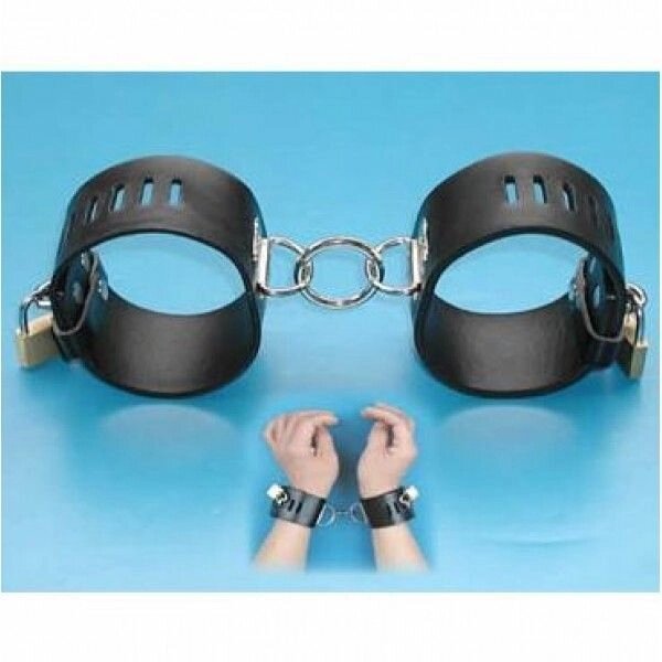 Чорні шкіряні наручники з якісної штучної шкіри від компанії Elektromax - фото 1