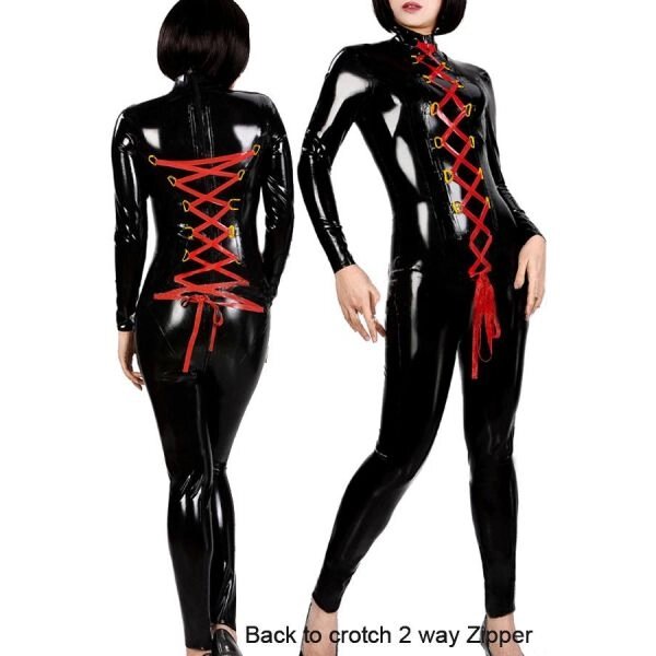 Чорний вініловий костюм з подвійним червоним шнуруванням від компанії Elektromax - фото 1
