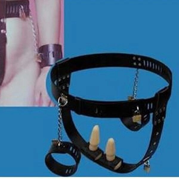 Чорний жіночий пояс вірності з двома пробками та наручниками від компанії Elektromax - фото 1