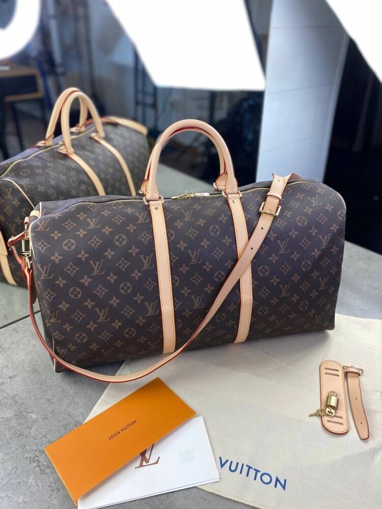 Дорожня сумка Louis Vuitton коричнева у стилі "Monogram" з бежевою обробкою c235 від компанії Elektromax - фото 1