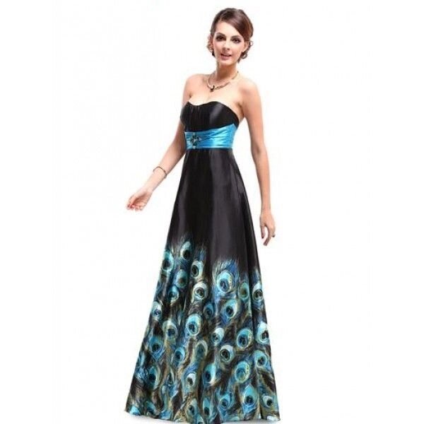 Довге вечірнє плаття з павич -друком та синім поясом від компанії Elektromax - фото 1