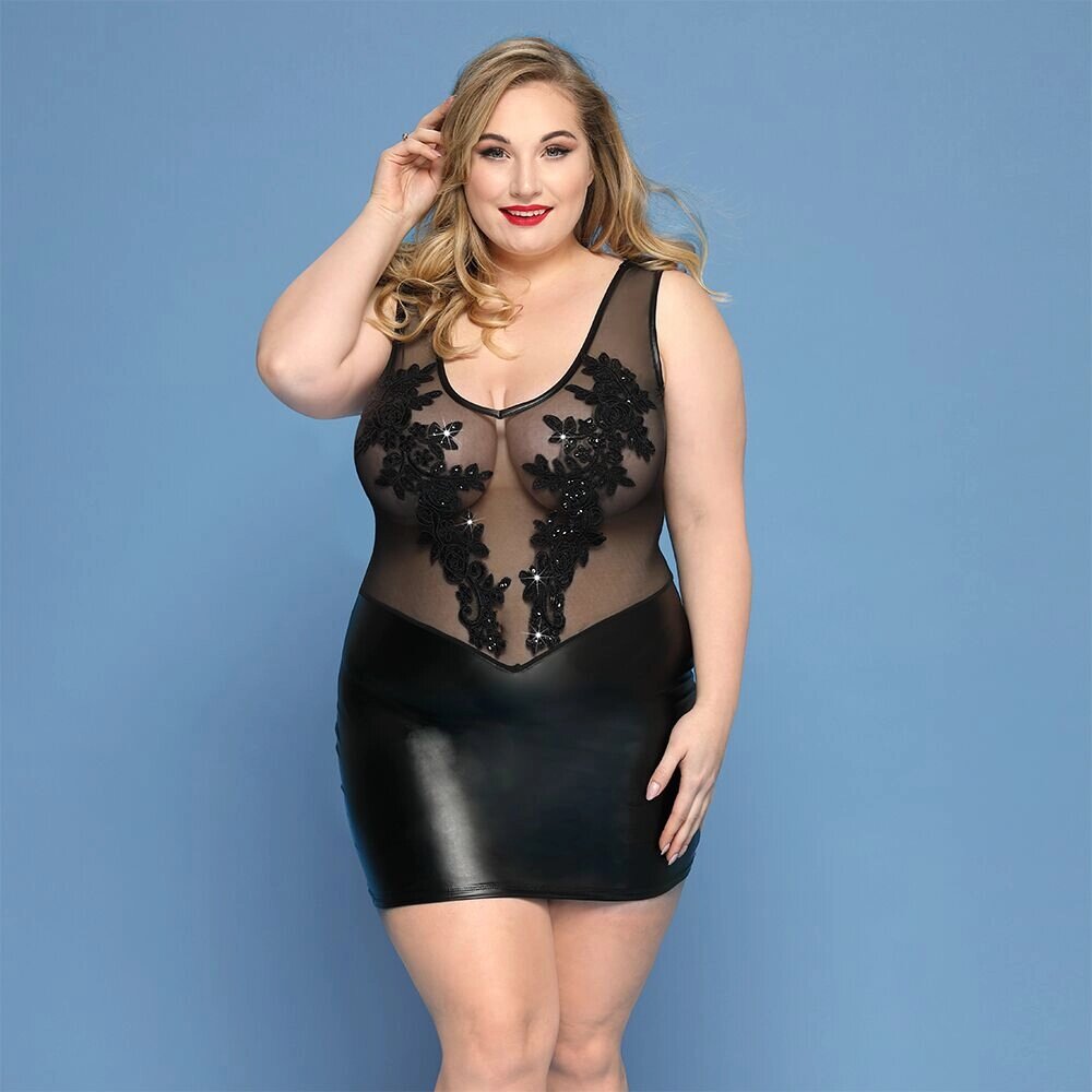 Елегантна сукня JSY «Леді Софія» Plus Size, black, дрібна сітка, вишивка, екошкіра від компанії Elektromax - фото 1