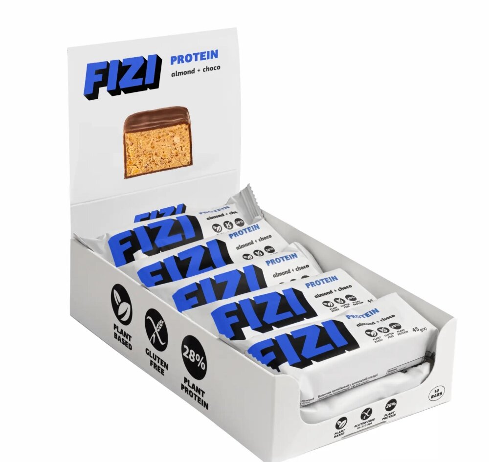 FIZI Protein Bar - 10х45g Almond-Choco батончики з мигдалем-шоколадом від компанії Elektromax - фото 1