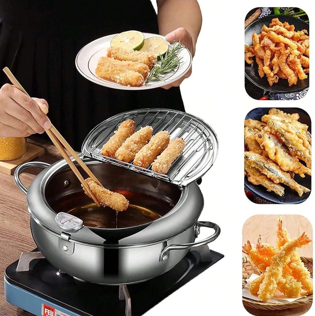 Фритюрниця Fryer Pot 2,2 л маленька фритюрниця з неіржавкої сталі, жаровня з термометром від компанії Elektromax - фото 1