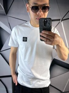 Футболка Stone Island біла з чорним лого на грудях mf021