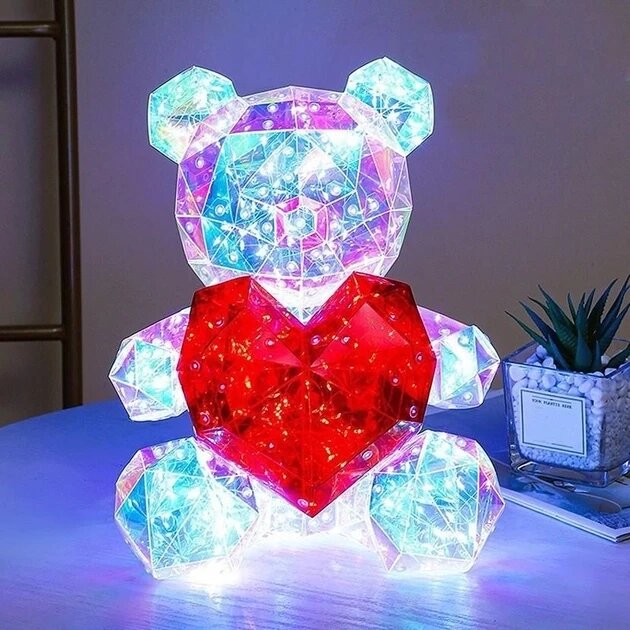 Хрустальний Ведмежатко Геометричний Ведмедик 3D LED Teddy Bear нічник з червоним серцем 25 см від компанії Elektromax - фото 1