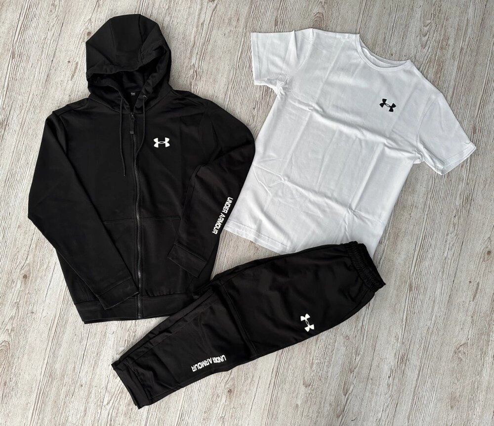 Комплект 3 в 1 Демісезонний спортивний костюм Under Armour чорна кофта на змійці + чорні штани (двонитка) + Футболка від компанії Elektromax - фото 1