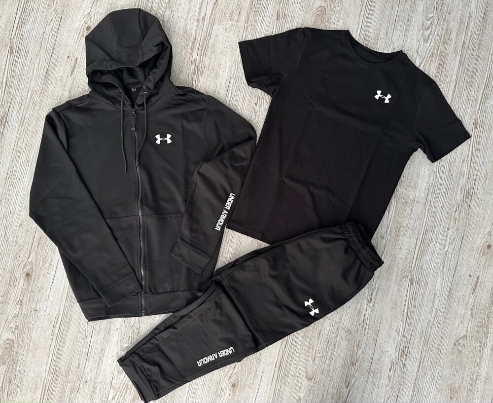 Комплект 3 в 1  Демісезонний спортивний костюм Under Armour чорна кофта на змійці + чорні штани (двонитка) + Футболка від компанії Elektromax - фото 1