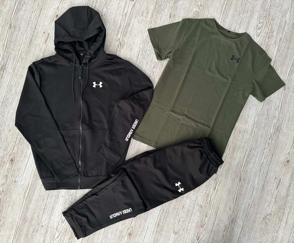 Комплект 3 в 1 Демісезонний спортивний костюм Under Armour чорна кофта на змійці + чорні штани (двонитка) + Футболка від компанії Elektromax - фото 1