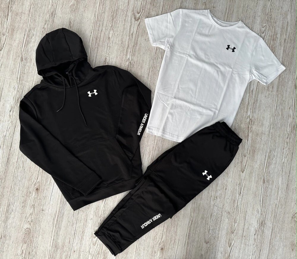 Комплект 3 в 1 Демісезонний спортивний костюм Under Armour чорний худі + чорні штани (двонитка) + Футболка біла Under від компанії Elektromax - фото 1