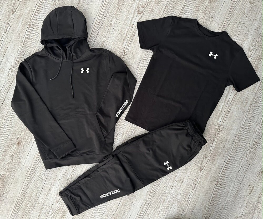 Комплект 3 в 1 Демісезонний спортивний костюм Under Armour чорний худі + чорні штани (двонитка) + Футболка чорна Under від компанії Elektromax - фото 1