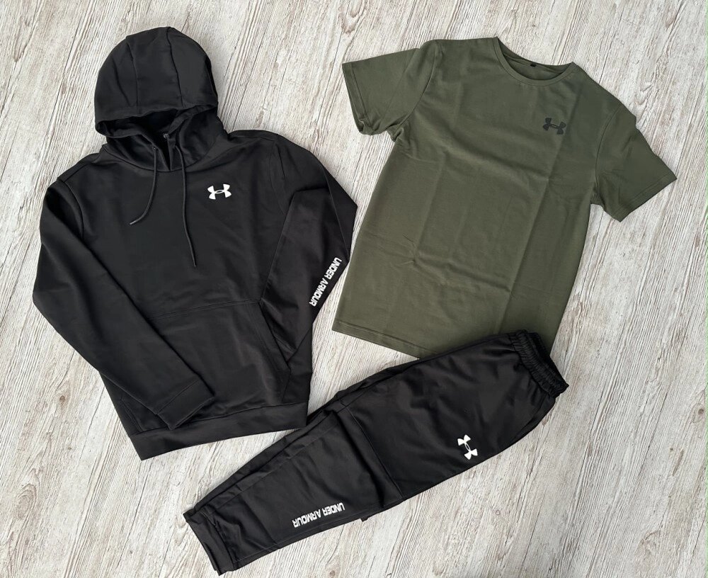 Комплект 3 в 1 Демісезонний спортивний костюм Under Armour чорний худі + чорні штани (двонитка) + Футболка хакі Under від компанії Elektromax - фото 1