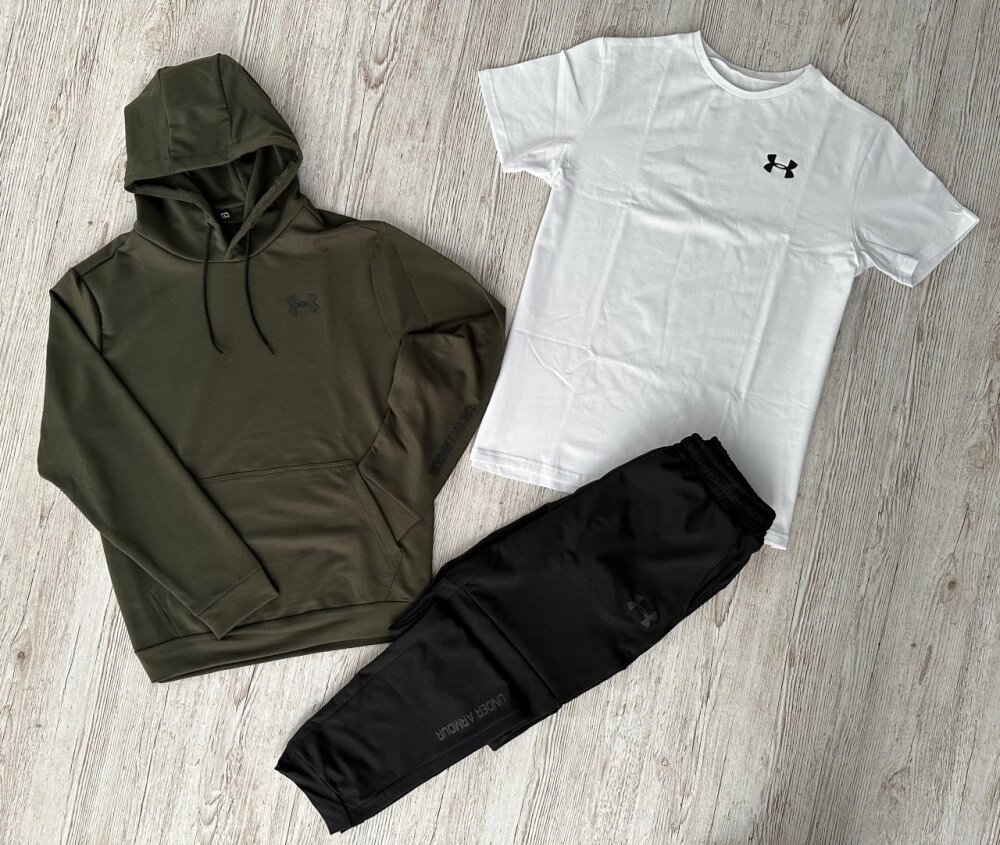 Комплект 3 в 1 Демісезонний спортивний костюм Under Armour худі хакі + чорні штани (двонитка) + Футболка біла Under від компанії Elektromax - фото 1