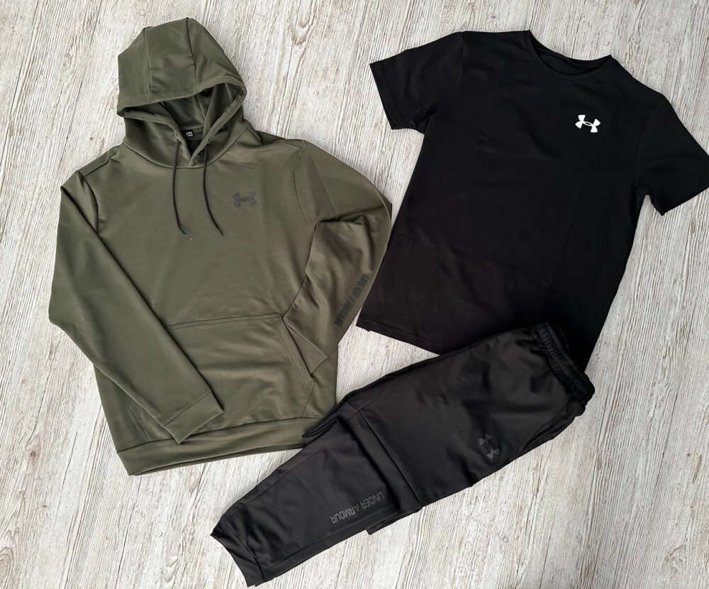 Комплект 3 в 1 Демісезонний спортивний костюм Under Armour худі хакі + чорні штани (двонитка) + Футболка чорна Under від компанії Elektromax - фото 1