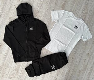 Комплект 3 в 1 Демісезонний спортивний костюм Adidas чорна кофта на змійці + чорні штани (двонитка) + Футболка біла