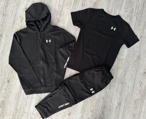 Комплект 3 в 1 Демісезонний спортивний костюм Under Armour чорна кофта на змійці + чорні штани (двонитка) + Футболка