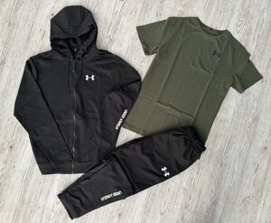 Комплект 3 в 1 Демісезонний спортивний костюм Under Armour чорна кофта на змійці + чорні штани (двонитка) + Футболка