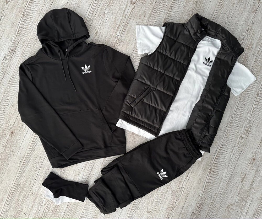 Комплект 5 в 1 Adidas чорний худі + чорні штані + чорна жилетка + біла футболка + 2 пари шкарпеток (чорні та білі) від компанії Elektromax - фото 1