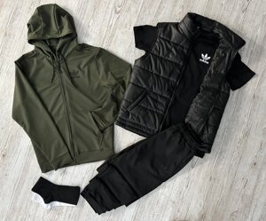 Комплект 5 в 1 Adidas кофта на змійці хакі + чорні штані + чорна жилетка + чорна футболка + 2 пари шкарпеток (чорні та