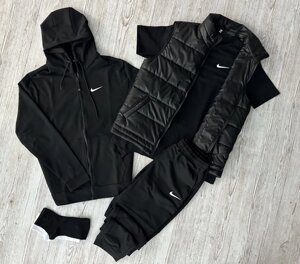 Комплект 5 в 1 Nike чорна кофта на змійці + чорні штані + чорна жилетка + чорна футболка + 2 пари шкарпеток (чорні та