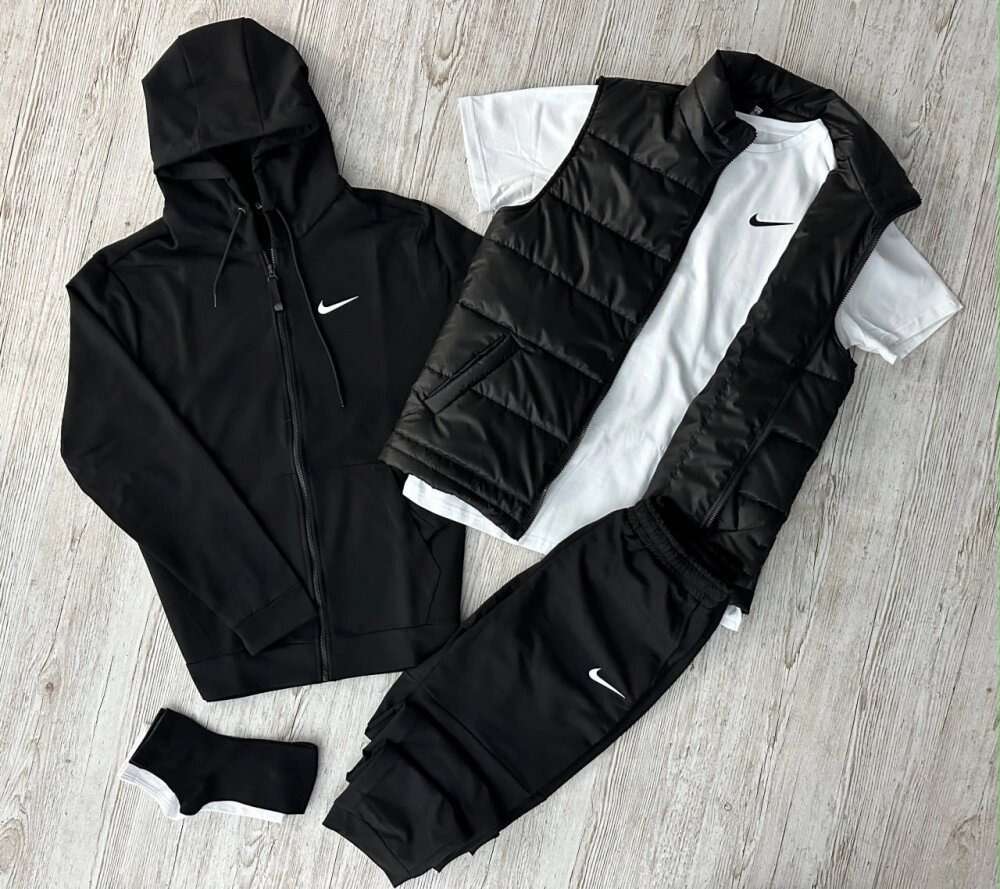 Комплект 5 в 1 Nike чорна кофта на змійці + чорні штані + чорна жилетка + біла футболка + 2 пари шкарпеток (чорні та від компанії Elektromax - фото 1