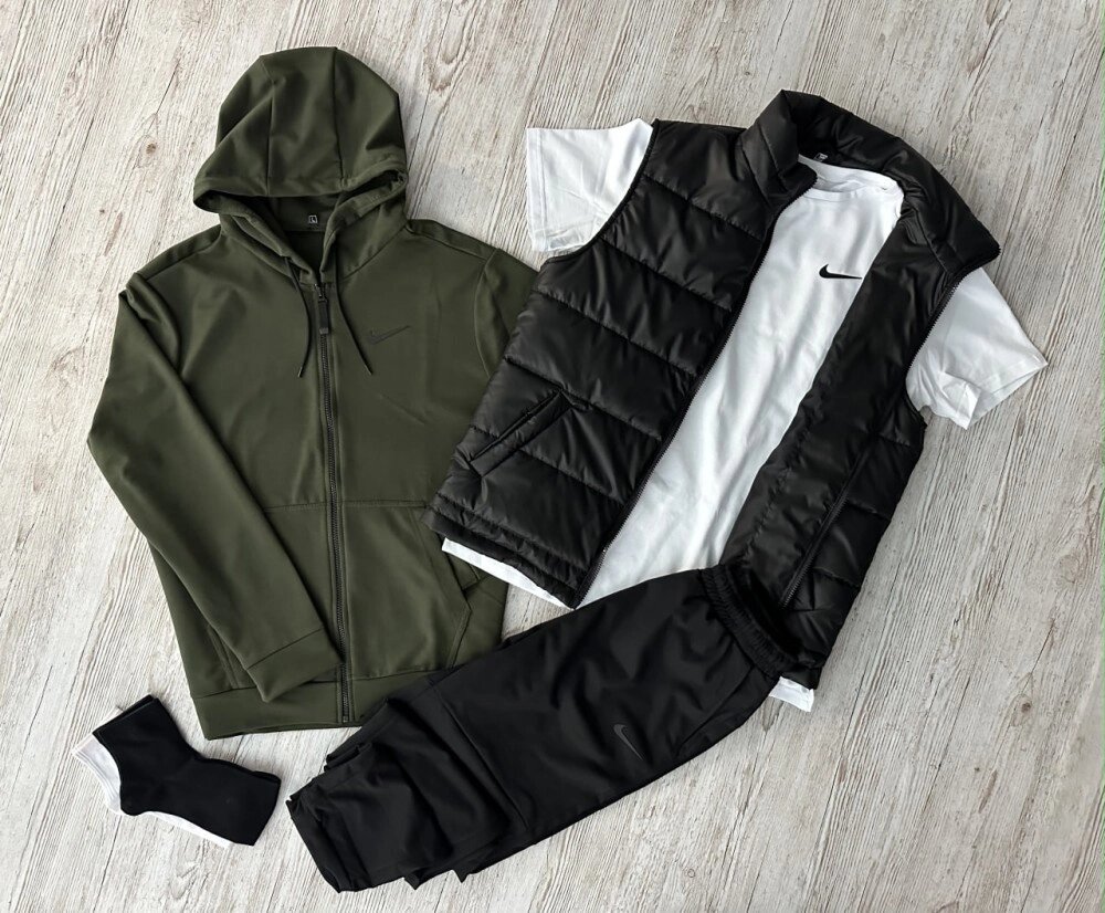 Комплект 5 в 1 Nike кофта на змійці хакі + чорні штані + чорна жилетка + біла футболка + 2 пари шкарпеток (чорні та від компанії Elektromax - фото 1