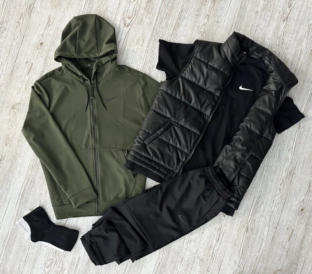 Комплект 5 в 1 Nike кофта на змійці хакі + чорні штані + чорна жилетка + чорна футболка + 2 пари шкарпеток (чорні та від компанії Elektromax - фото 1