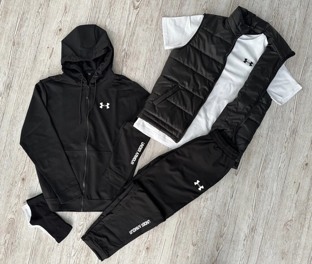 Комплект 5 в 1 Under Armour чорна кофта на змійці + чорні штані + чорна жилетка + біла футболка + 2 пари шкарпеток від компанії Elektromax - фото 1