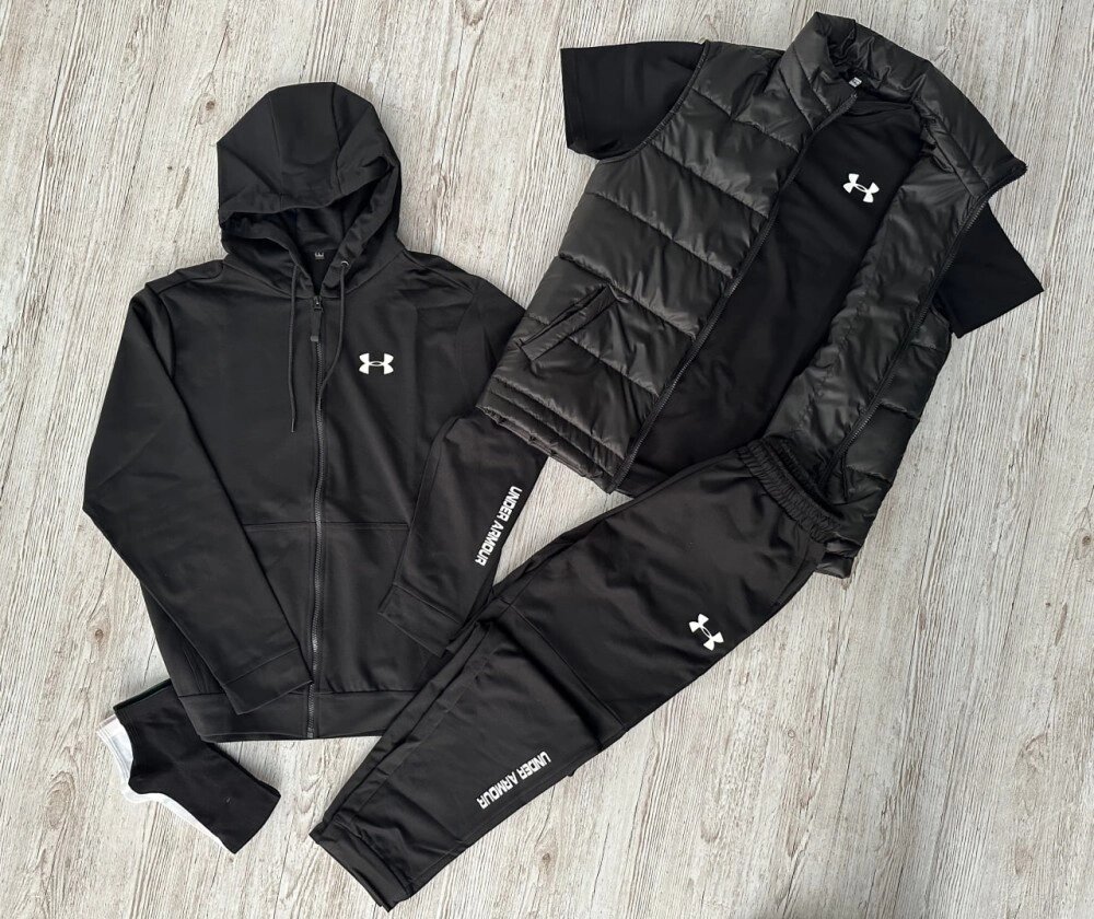 Комплект 5 в 1 Under Armour чорна кофта на змійці + чорні штані + чорна жилетка + чорна футболка + 2 пари шкарпеток від компанії Elektromax - фото 1