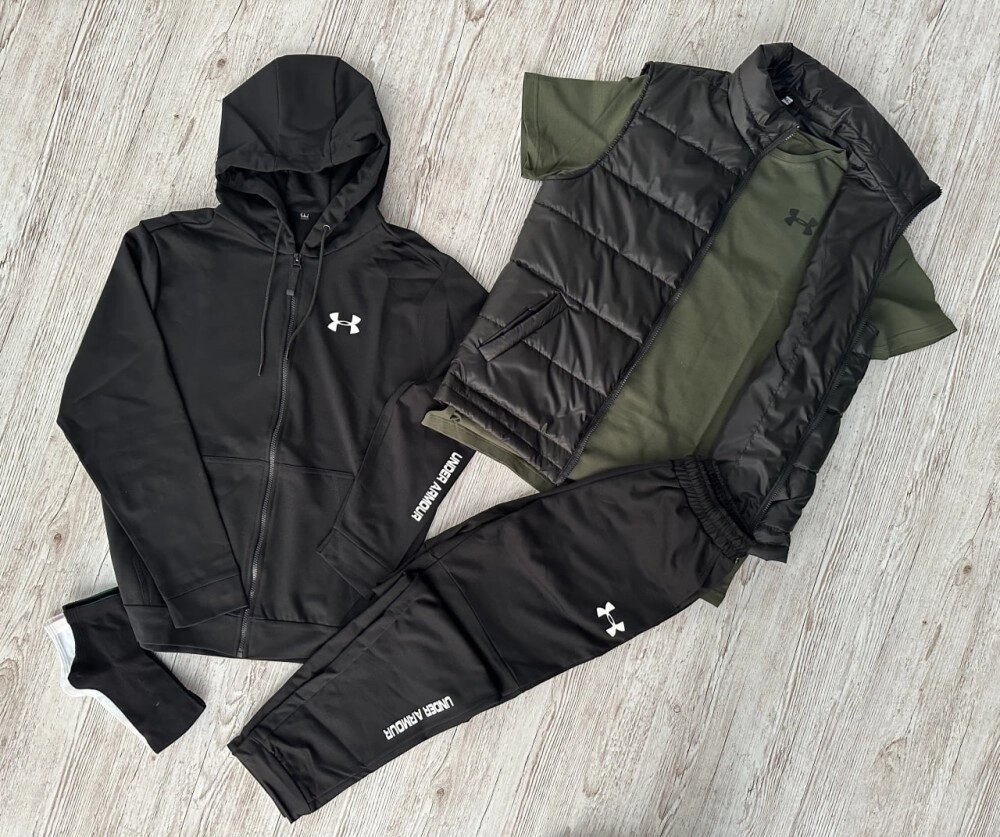 Комплект 5 в 1 Under Armour чорна кофта на змійці + чорні штані + чорна жилетка + хакі футболка + 2 пари шкарпеток від компанії Elektromax - фото 1