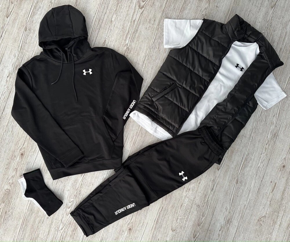 Комплект 5 в 1 Under Armour чорний худі + чорні штані + чорна жилетка + біла футболка + 2 пари шкарпеток (чорні та білі) від компанії Elektromax - фото 1