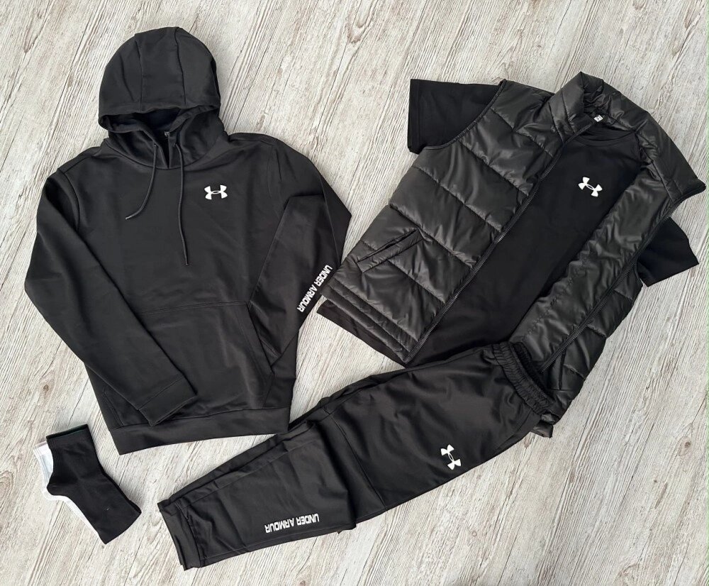 Комплект 5 в 1 Under Armour чорний худі + чорні штані + чорна жилетка + чорна футболка + 2 пари шкарпеток (чорні та від компанії Elektromax - фото 1