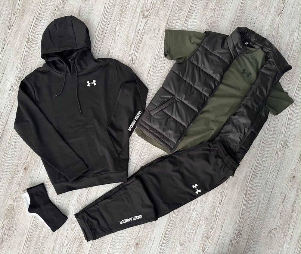 Комплект 5 в 1 Under Armour чорний худі + чорні штані + чорна жилетка + хакі футболка + 2 пари шкарпеток (чорні та білі) від компанії Elektromax - фото 1